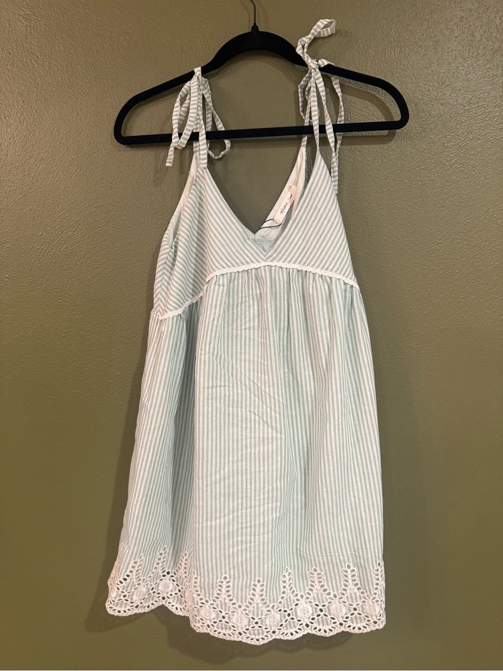 Mustard Seed Mint Stripe Eyelet-Hem Tie Shoulder Mini Dress